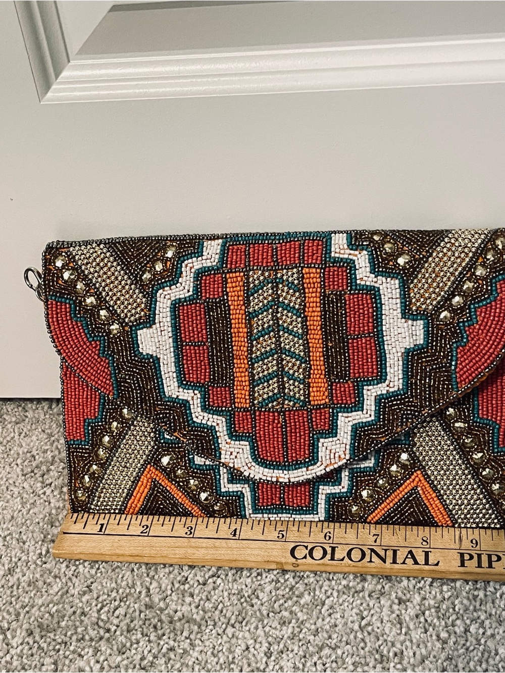 Embellished Geometric Bead Envelope Clutch - Grey, Black Orange